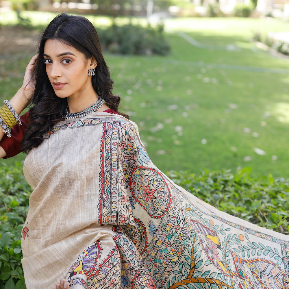 DIORAMA DESIGNS Beige - Madhubani Hand-Painted Krishna Raas Tussar Silk Saree - view 2