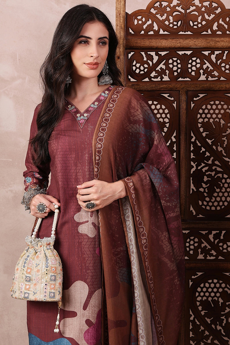 Ahika Brown Rayon Blend Floral Printed Straight Trouser Bottom Suit Set PKSKD2552BRN - view 2