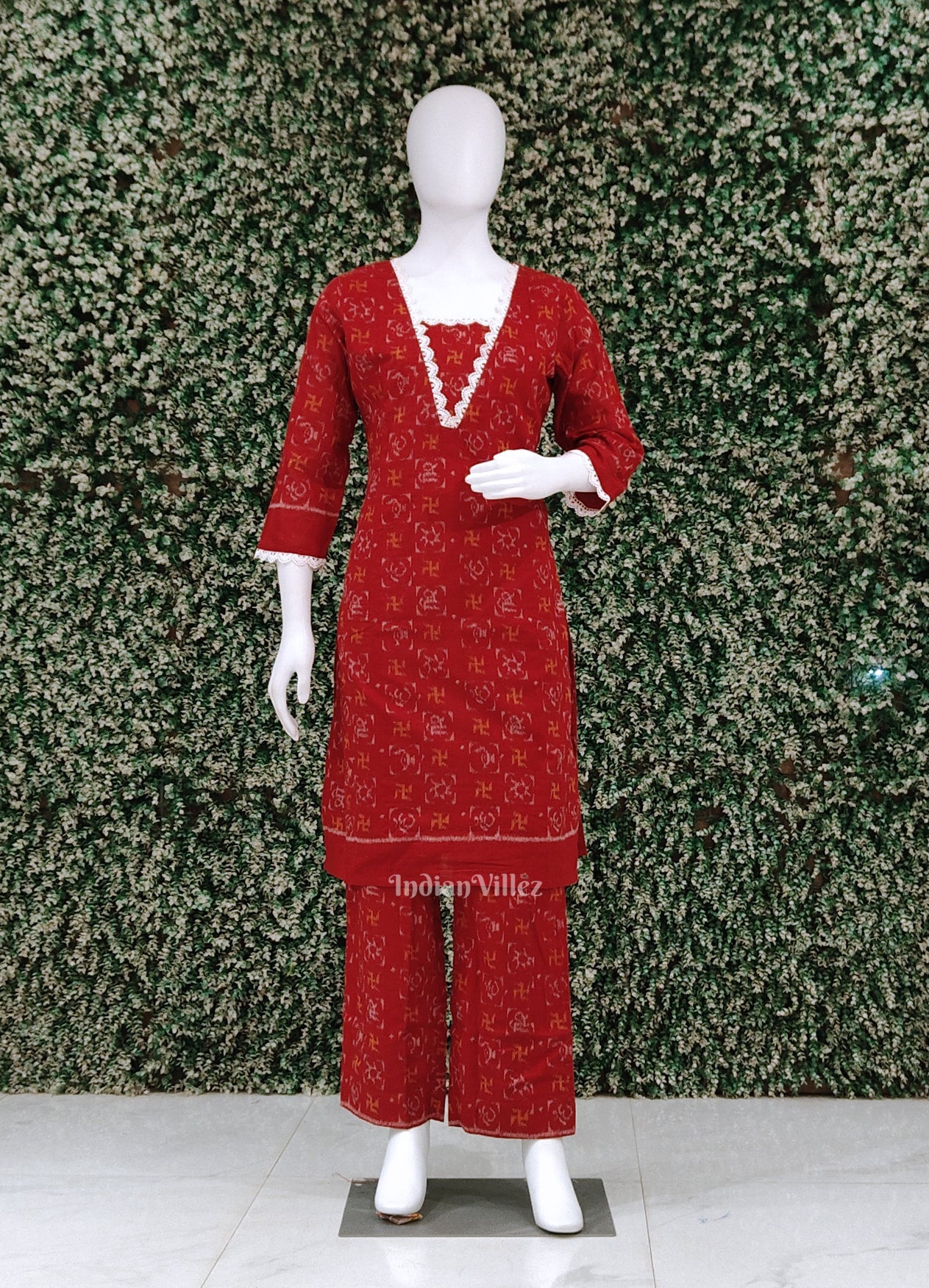 IndianVillèz Red Swastik Odisha Ikat Designer Cotton Kurti with Palazzo (Co-Ords Set)