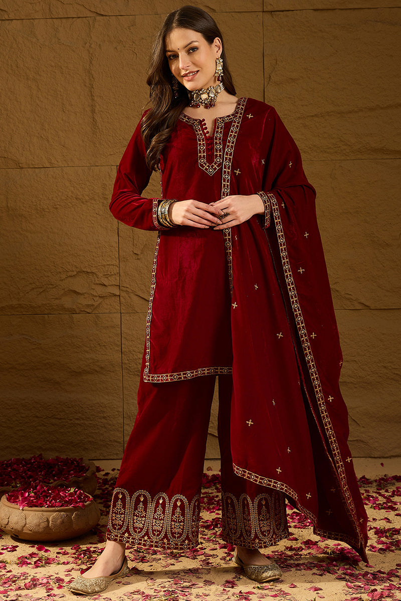 Ahika Red Velvet Solid Embroidered Straight Palazzo Suit Set PKSKD2275