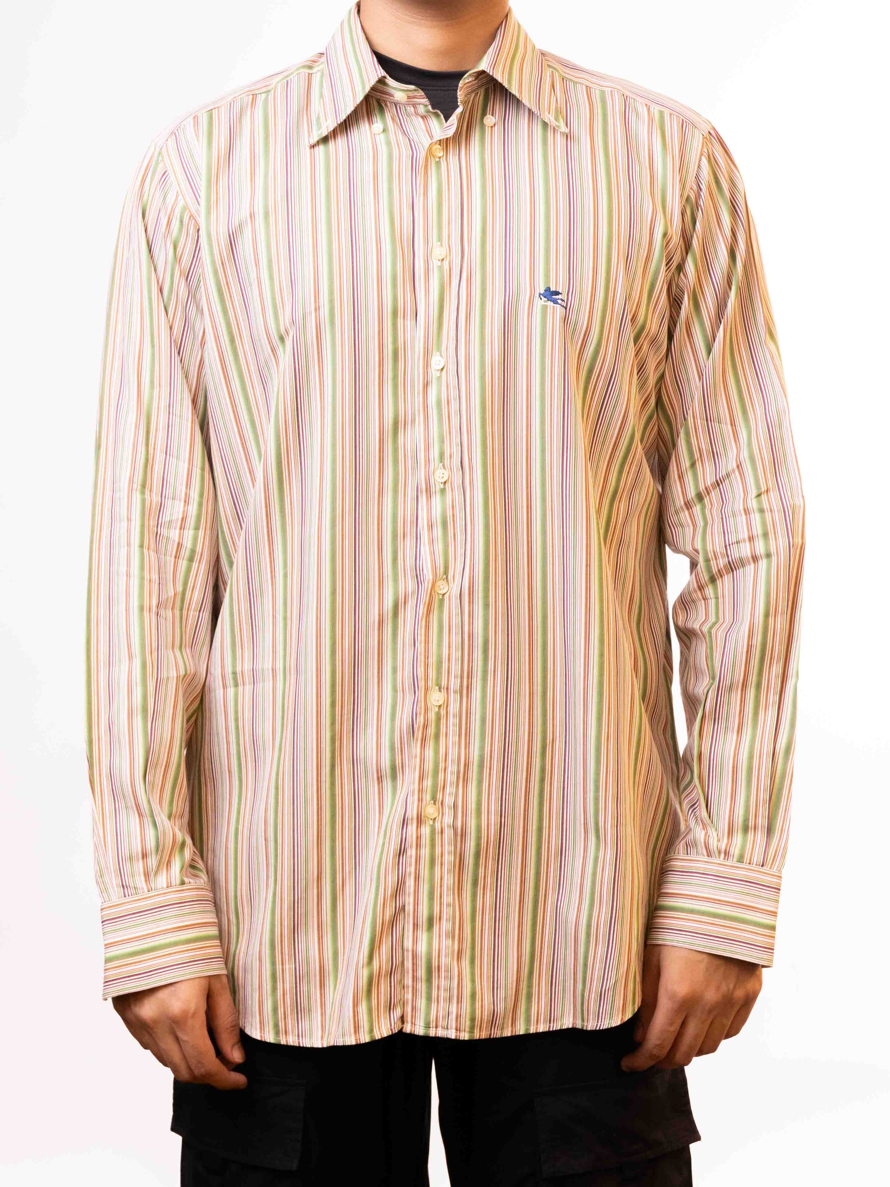 Etro Milano Men's Green Vertical Striped Logo Shirt