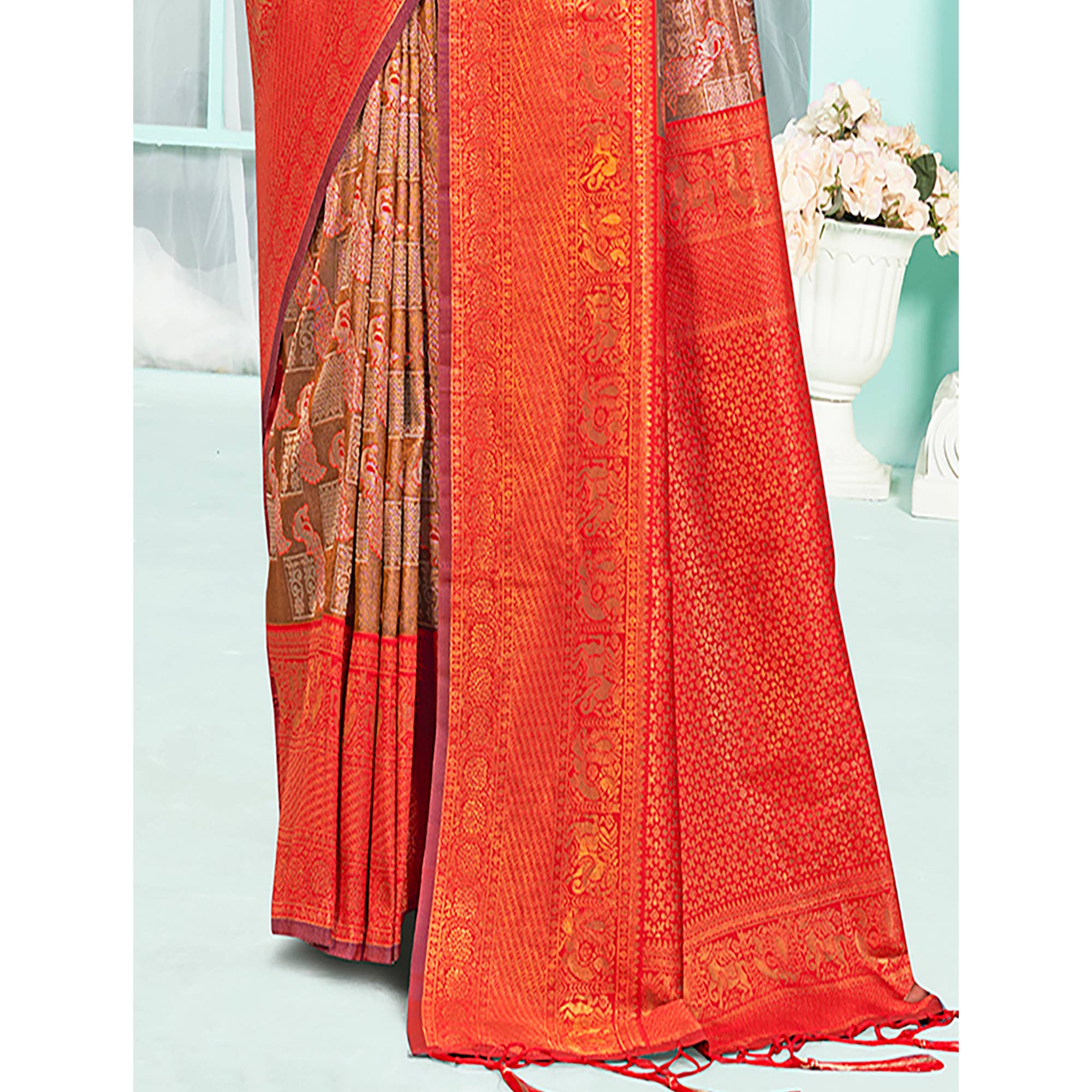 Peachmode Brown & Red Woven Cotton Silk Saree With Tassels - view 5