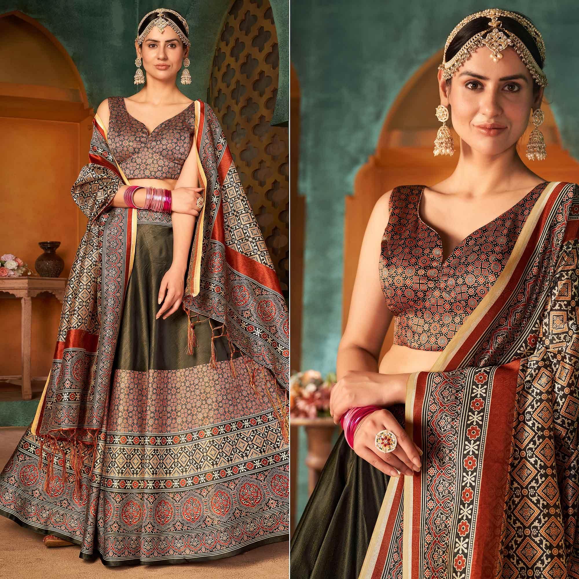 Peachmode Multi Color Printed Pure Silk Lehenga Choli