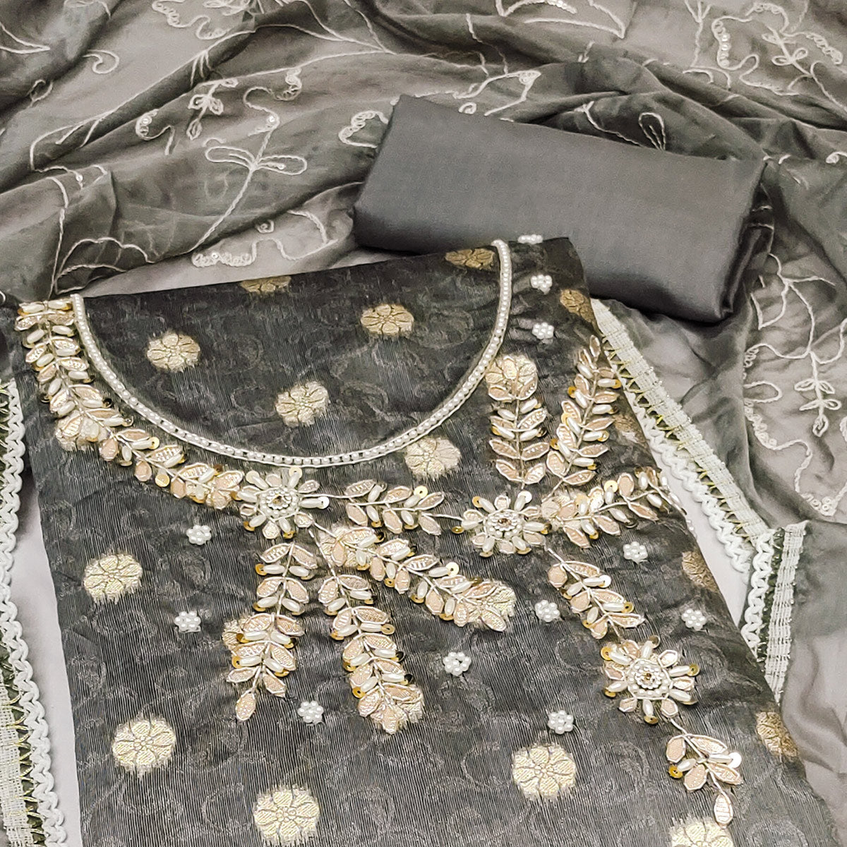 Peachmode Grey Woven Banarasi Silk Dress Material - view 2