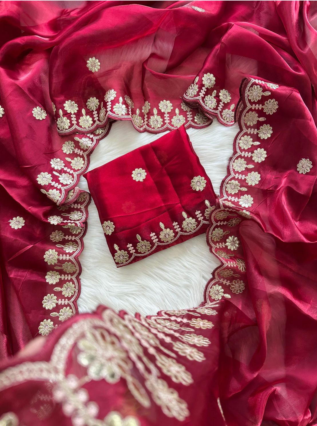 ClothsVilla Maroon Jimmy Choo Saree with Beautiful Jaipuri Gota Work – Complete with Matching Running Blouse - view 3