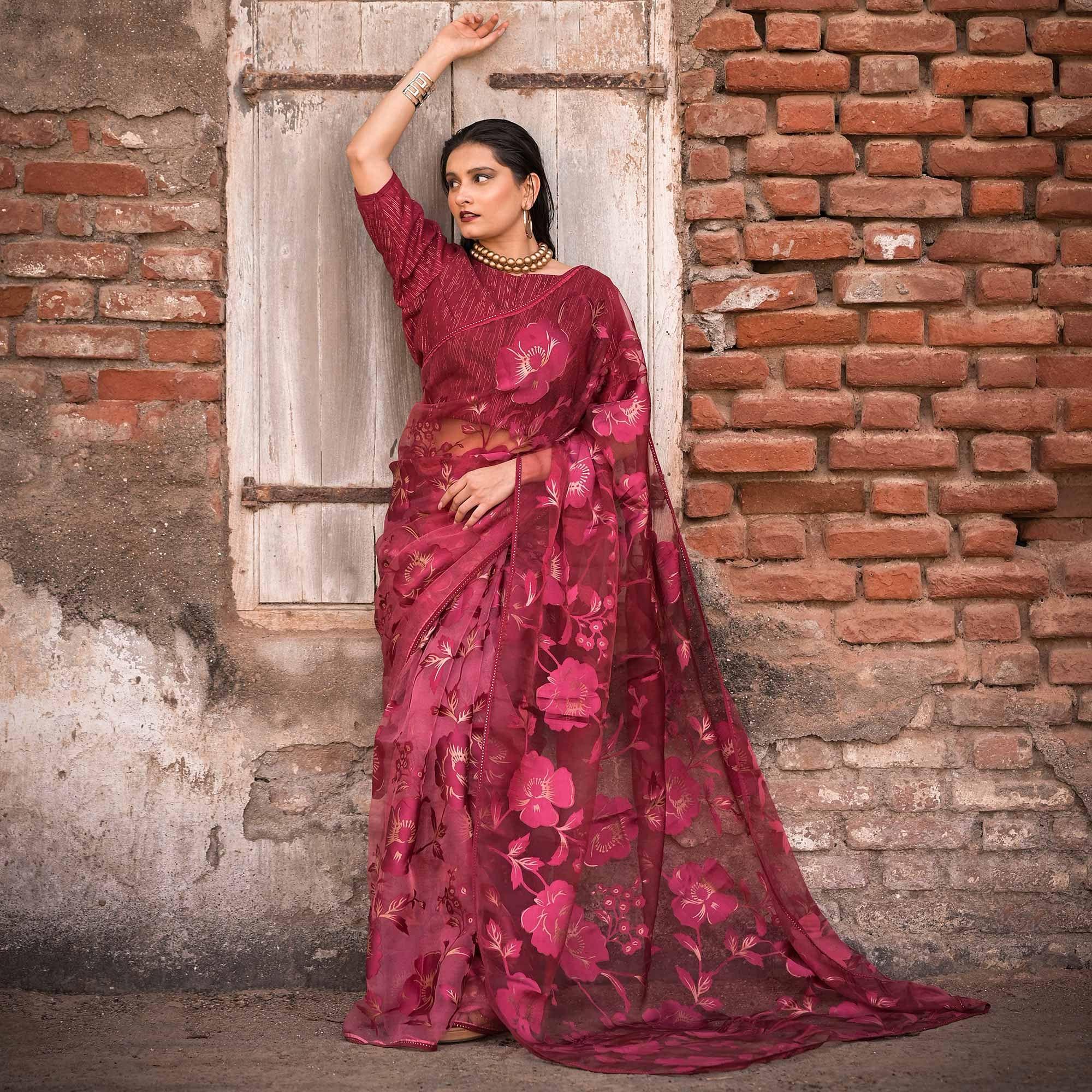 Peachmode Maroon Partywear Piping Stone Velvet Zari Organza Saree