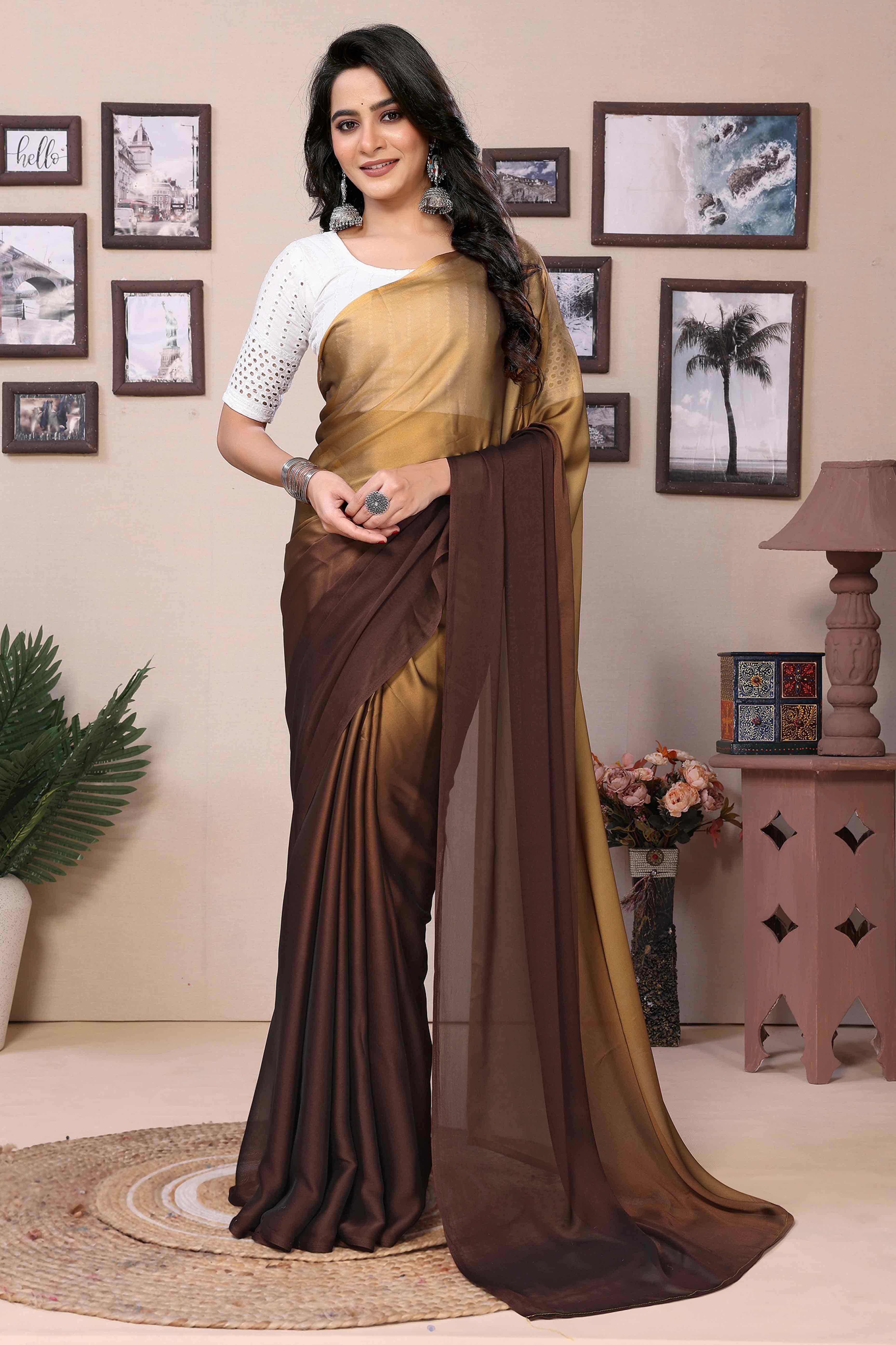 Peachmode Seller Brown Solid Satin Ready To Wear Ombre Saree