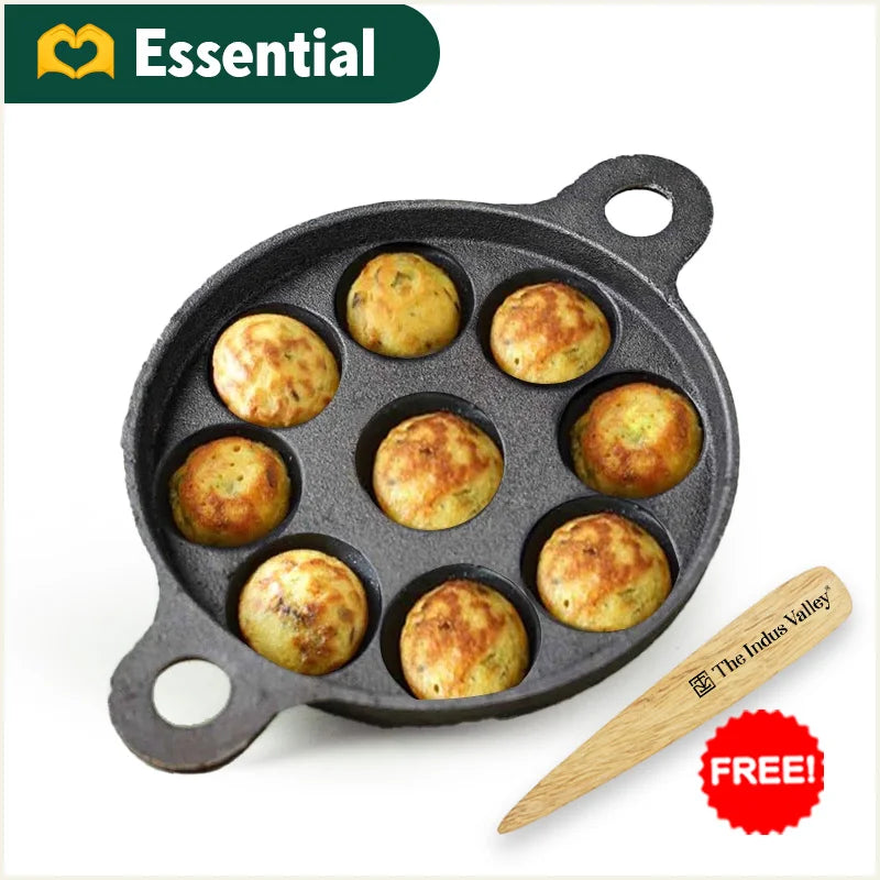 The Indus Valley Super Smooth 9 Pit/Cup Cast Iron Paniyaram/Appe Pan+ Free Spatula, Pre-seasoned, Natural Nonstick, 100% Pure, Toxin-free, 21 cm, 2.8k