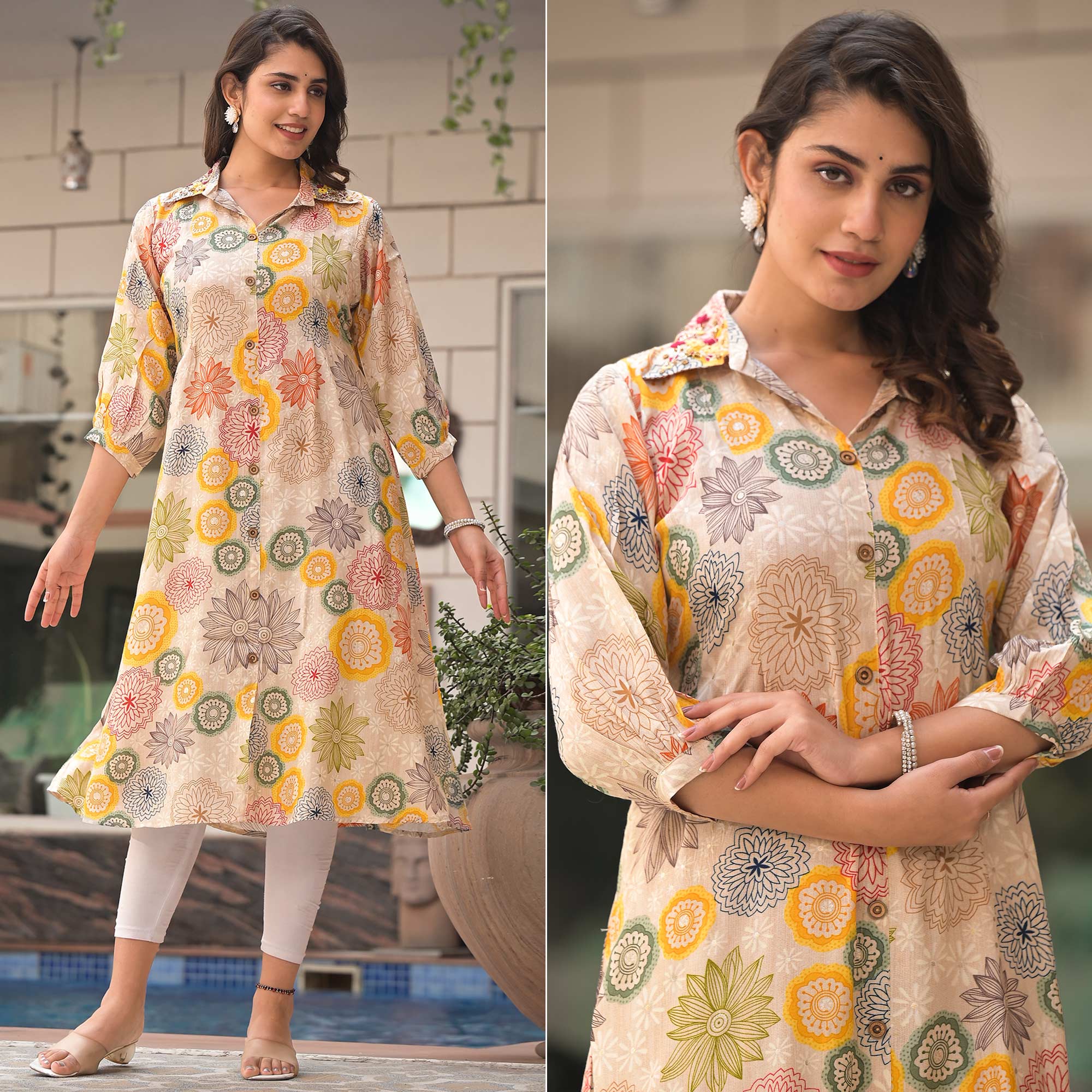 Peachmode Multicolor Floral Printed Muslin A-line Kurti Dress