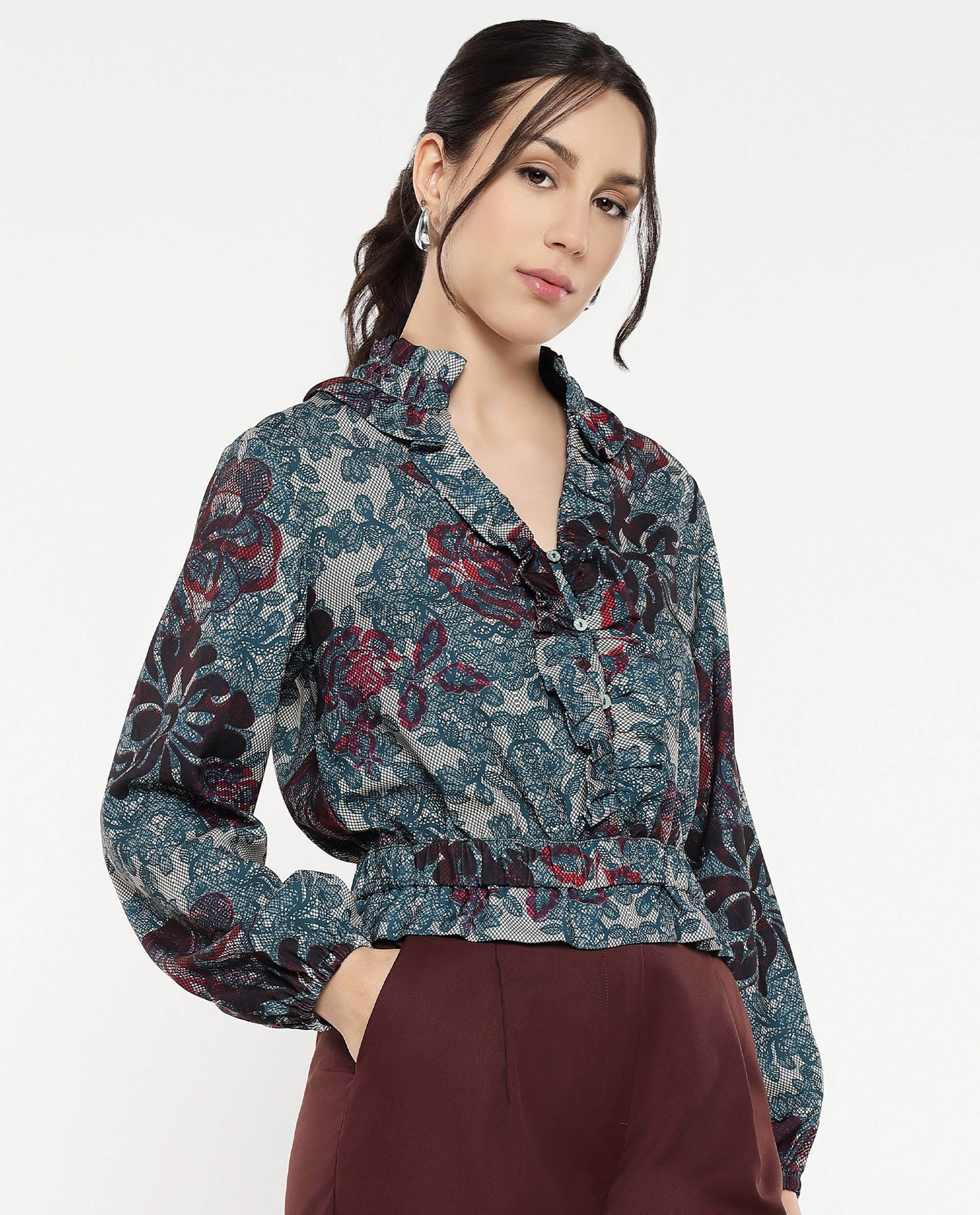 Rareism Women Mugla Multi Polyester Fabric Balloon Sleeve V-Neck Button Closure Cropped Floral Print Top - view 5
