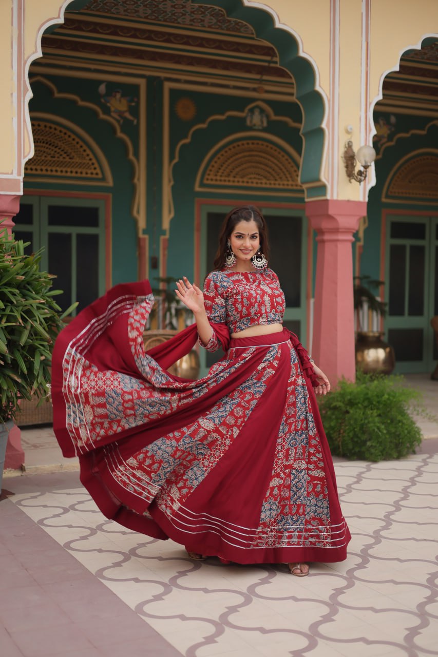 ClothsVilla.com Red Festive Printed Rayon Lehenga Choli Set with Gota Patti & Kodi Lace - view 2
