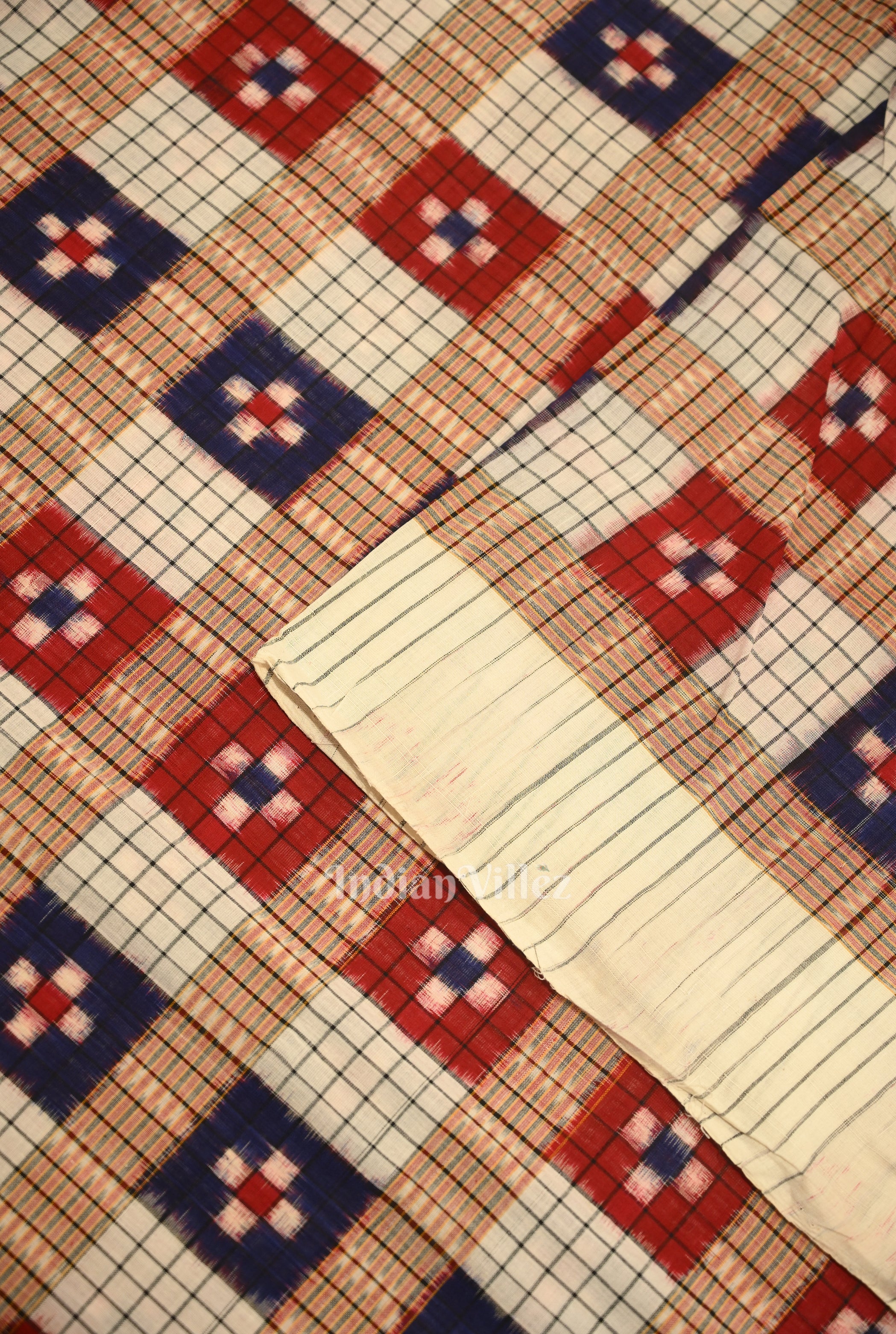 IndianVillèz White Multi Color Check Sambalpuri Pasapali Cotton Fabric - view 2