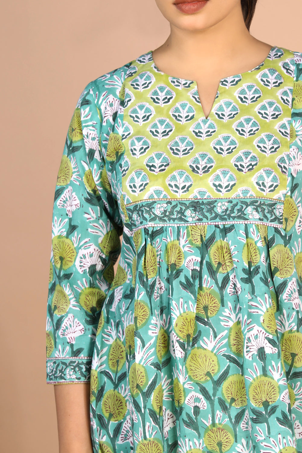 Kalanjali Ethnics Floral Aqua blue Sanganeri handblock printed cotton Kurti - view 7