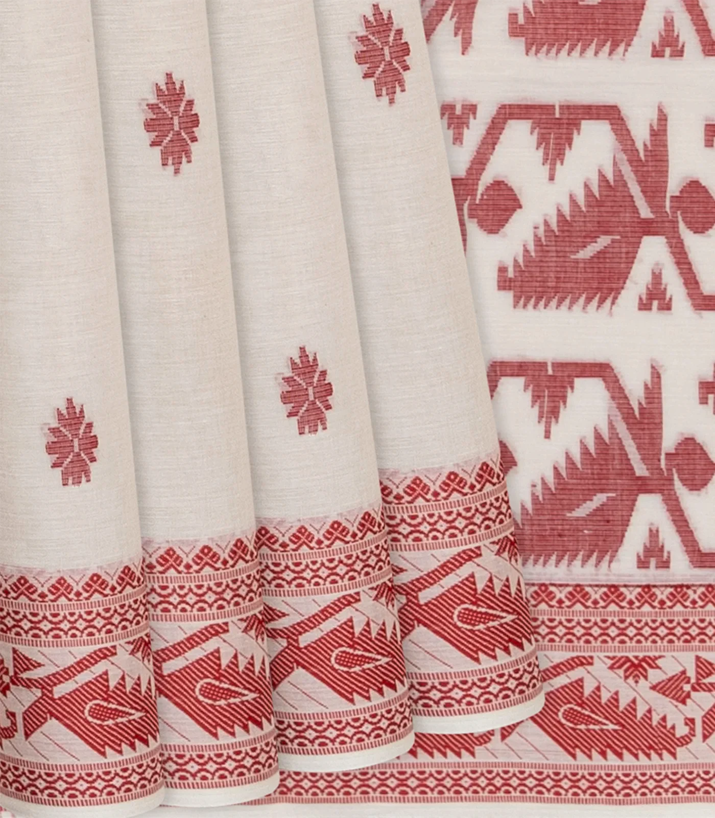 RmKV Off White Handloom Bengal Cotton Saree With Floral Motifs-Off White