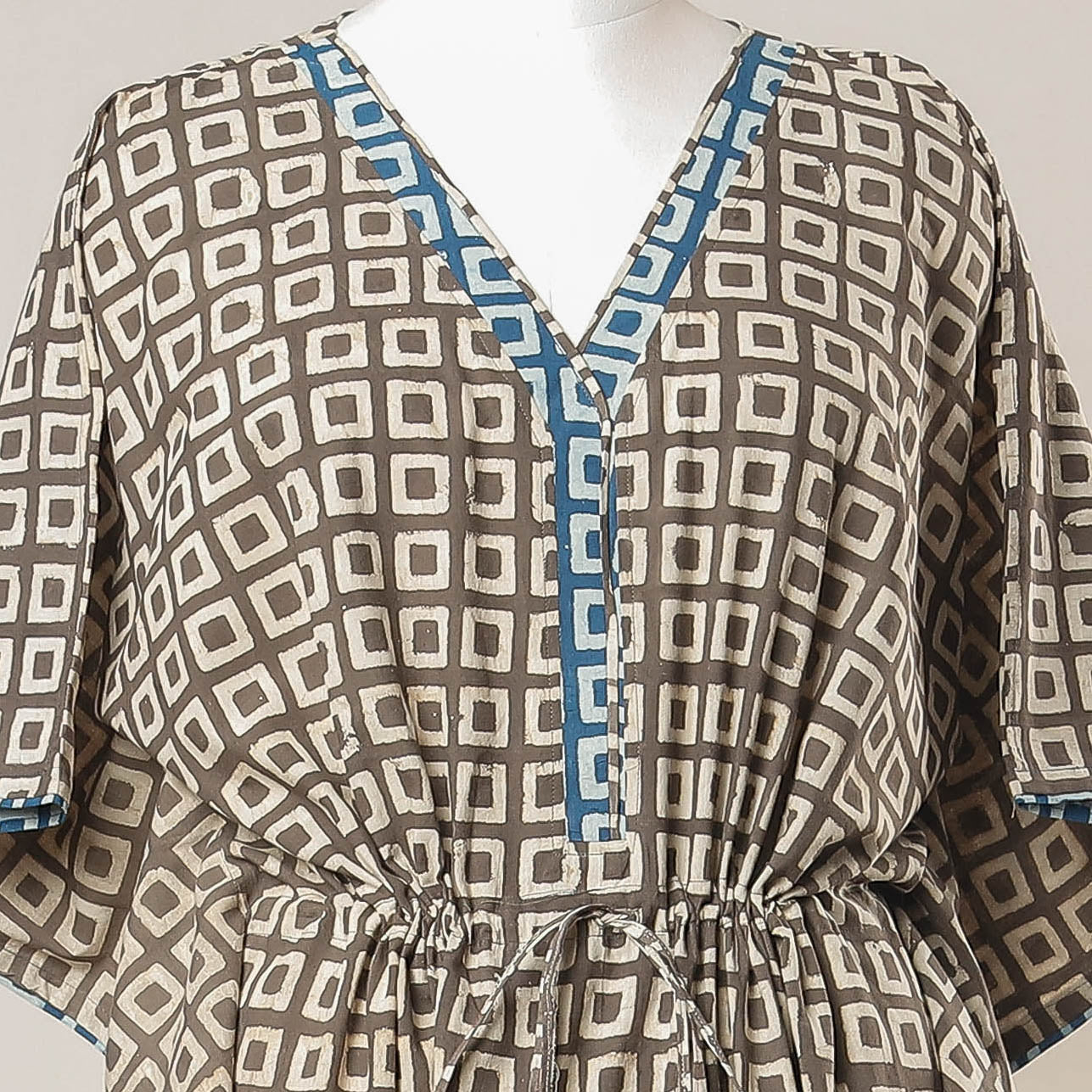 THE SAFFRON SAGA Brown - Pipad Hand Block Printed Cotton Kaftan with Tie-Up Waist (Long) - view 2
