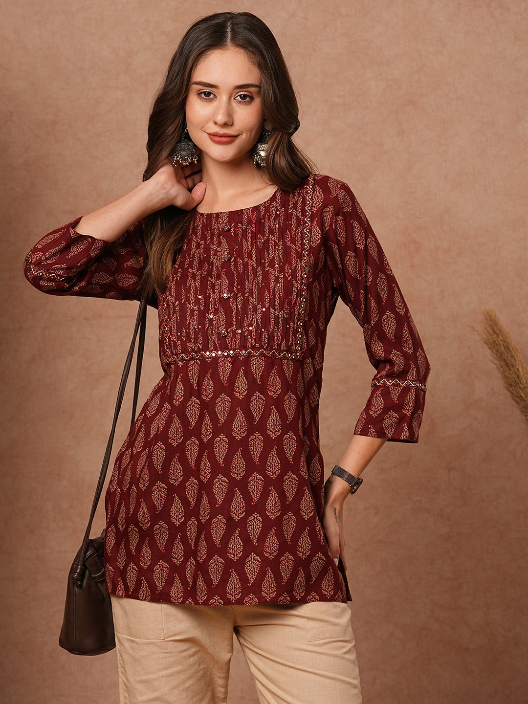 Fashor Ethnic Printed Mirror, Resham & Sequins Embroidered Kurti - Maroon - view 2