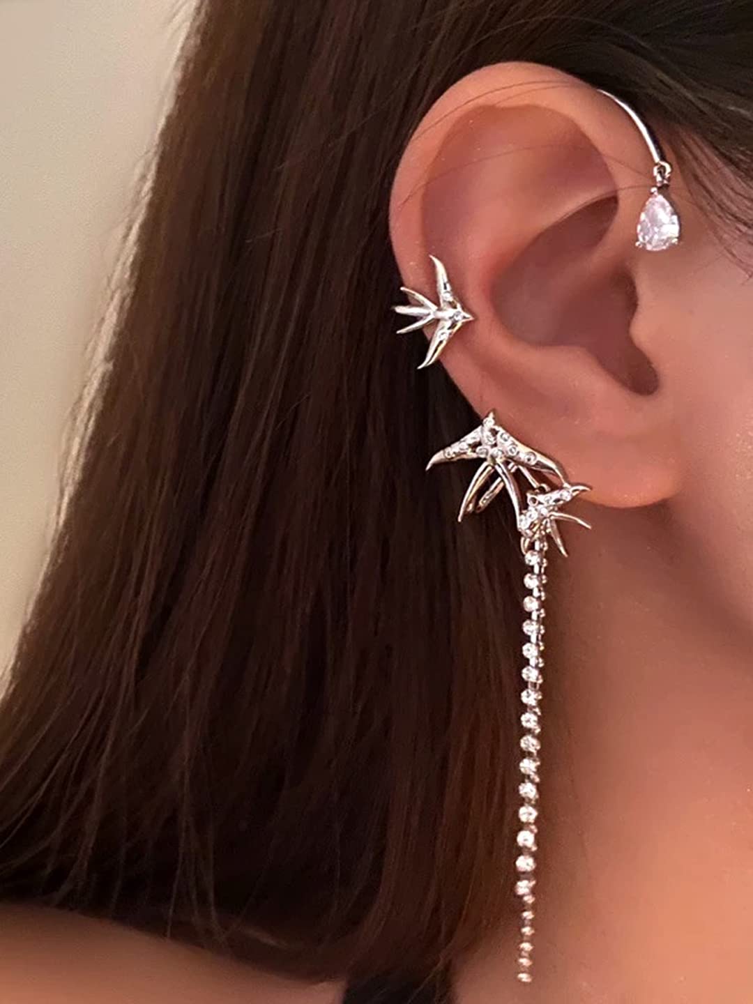 Yellow Chimes Earrings for Women and Girls Fashion Silver Ear Cuff | Silver Tone Ear Cuff Cartilage Ear Clips Tassel Dangle Earrings | Birthday Gift f - view 3