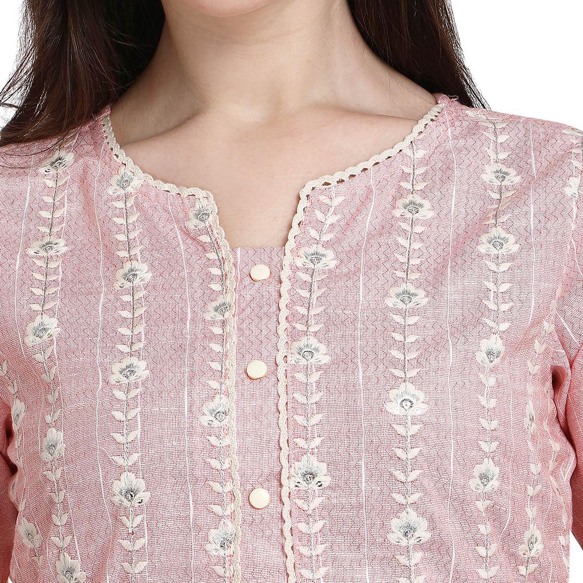 Peachmode Light Pink Floral Embroidered Cotton Blend Kurti Pant Set - view 4