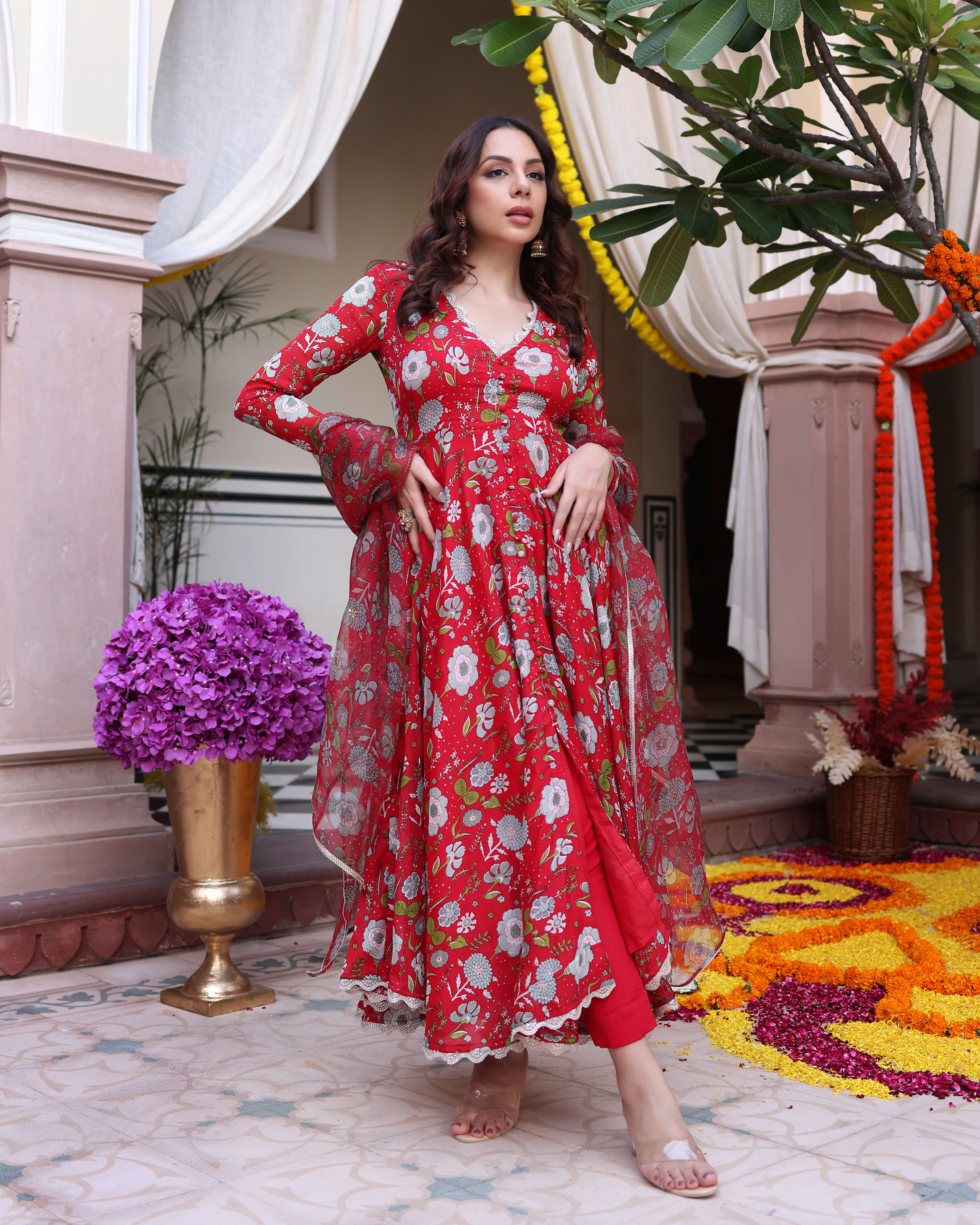 Aachho Red Dahlia Dreamscape Printed Chinon Suit Set