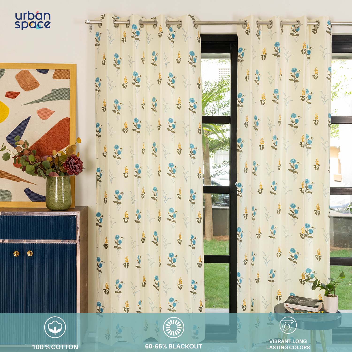 100 cotton curtains – Urban Space -Home Furnishing Store 100% Cotton Curtains for Living Room, Bedroom curtains - Pack of 2 curtains, Cotton Coneflower - Blue