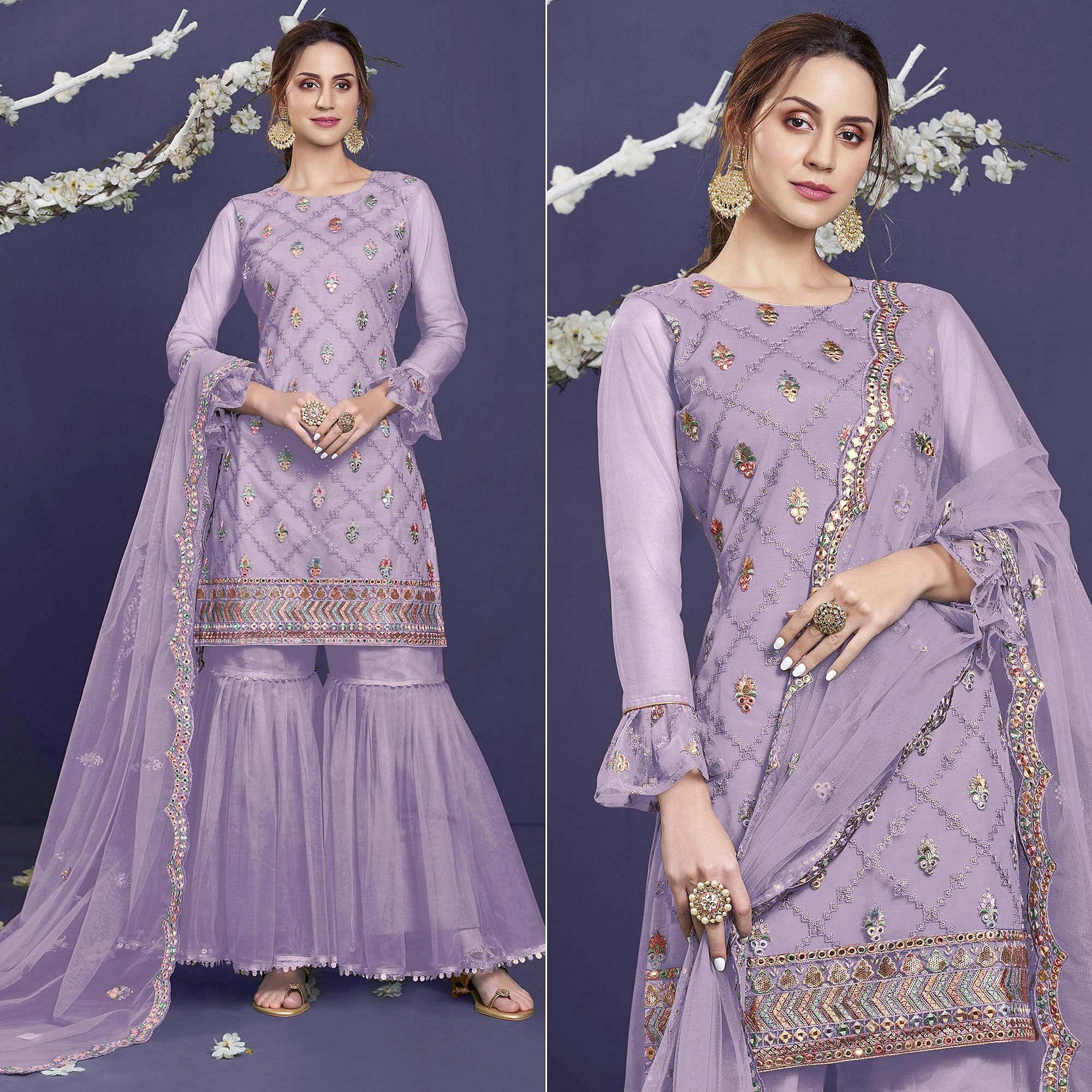 Peachmode Light Purple Sequins Embroidered Netted Sharara Suit