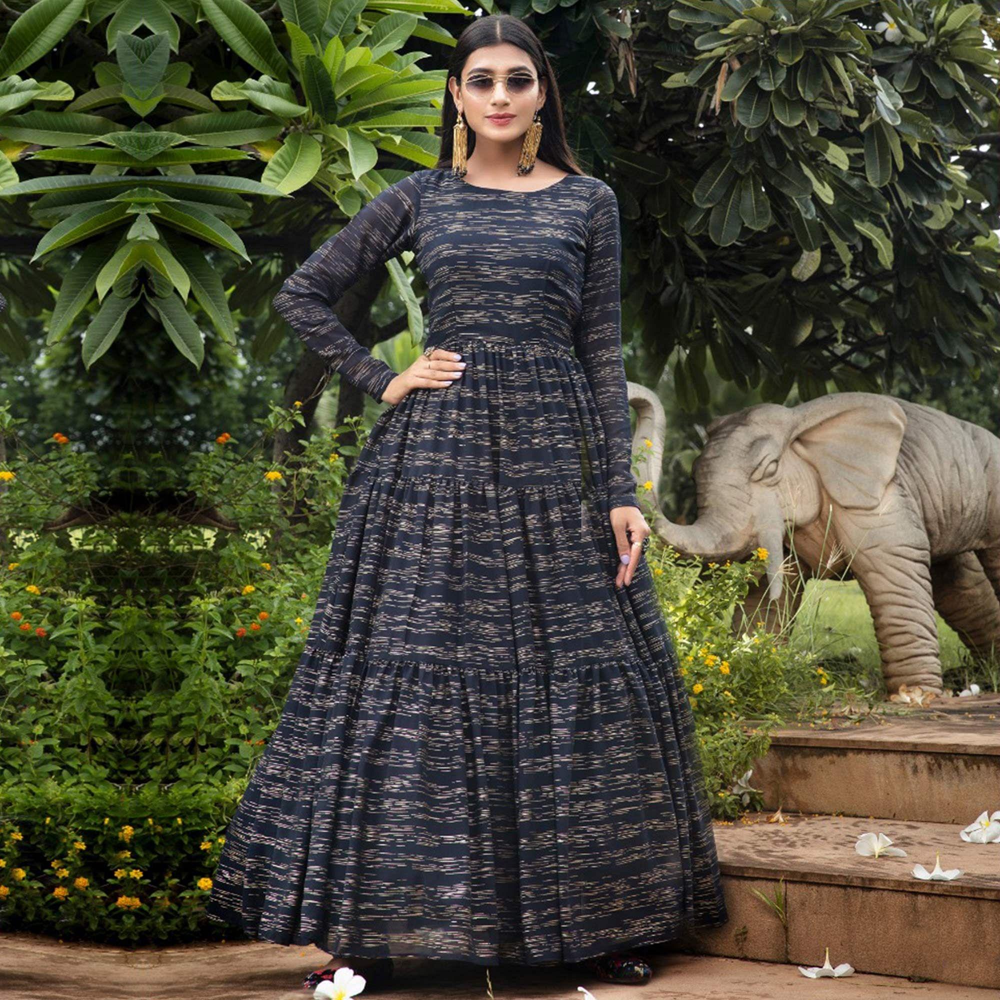 Peachmode Hypnotic Navy Blue Colored Party Wear Foil Printed Georgette Gown