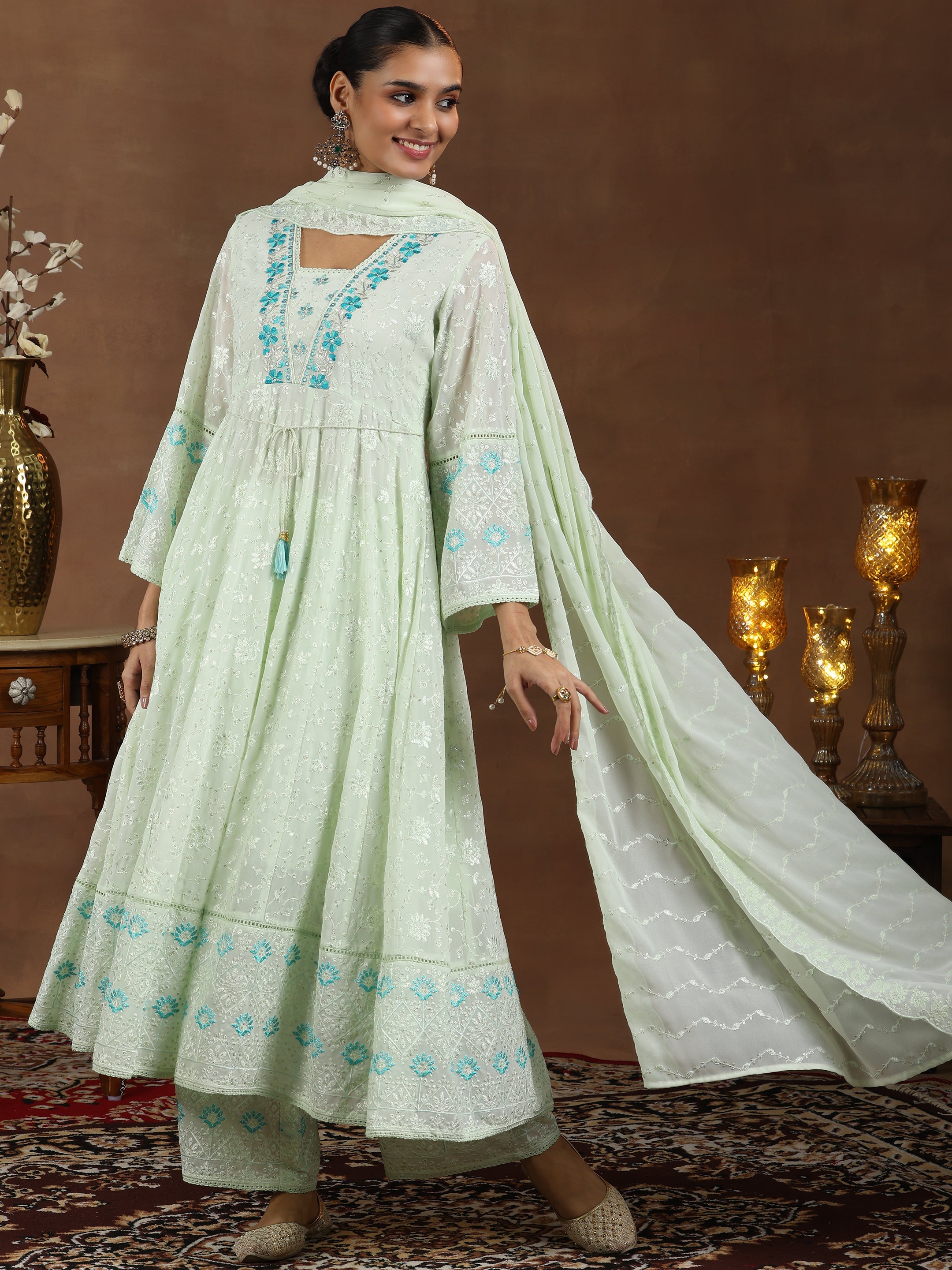 Libas Green Embroidered Georgette Anarkali Suit With Dupatta