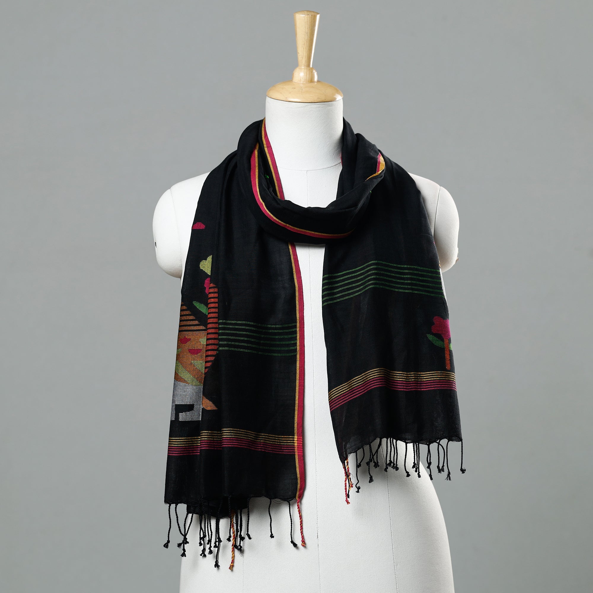 ALANKRITA Black - Jamdani Handloom Cotton Stole with Tassels