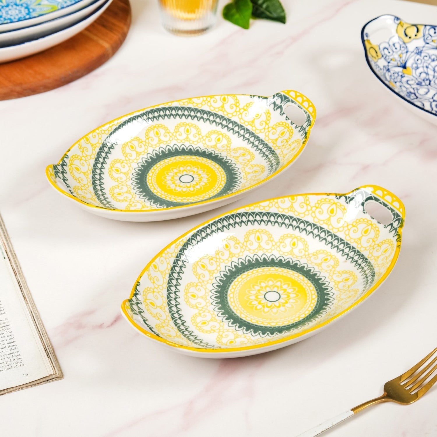 Nestasia Yellow And Green Mandala Ceramic Platter Set Of 2
