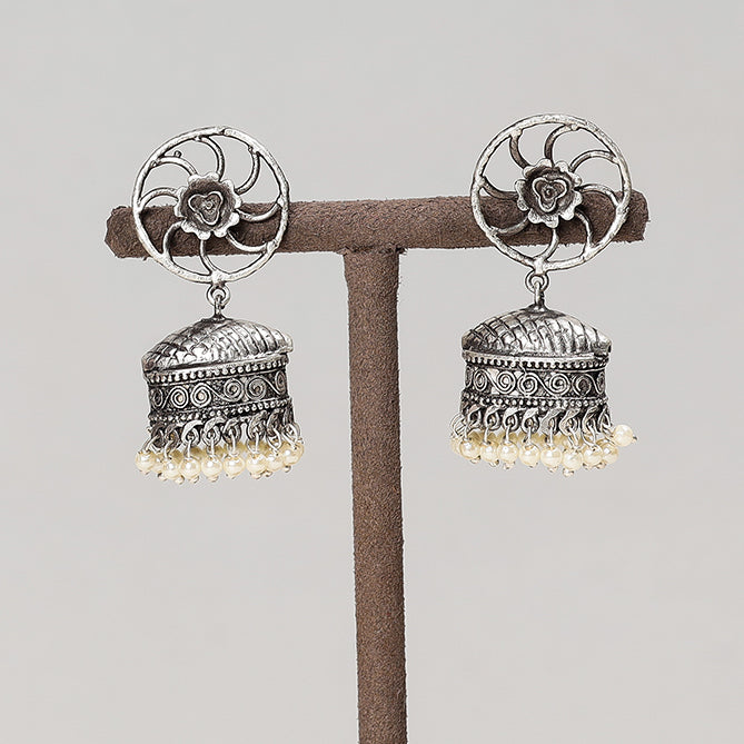 WHITE RIVER STORIES Antique Silver Finish Oxidised Brass Base Jhumki Earrings - view 2