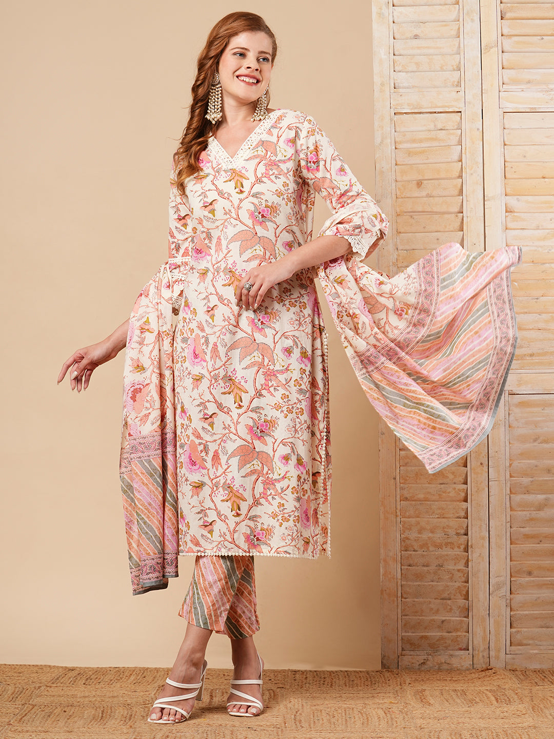 FASHOR Floral Printed Straight Fit Kurta with Pant & Pure Cotton Dupatta - Off White
