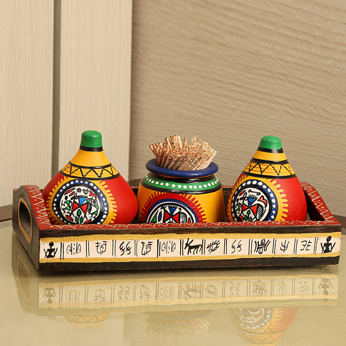 EXCLUSIVELANE 'Matkis On The Table' Terracotta Warli Salt & Pepper Shaker With Toothpick Holder & Wooden Tray