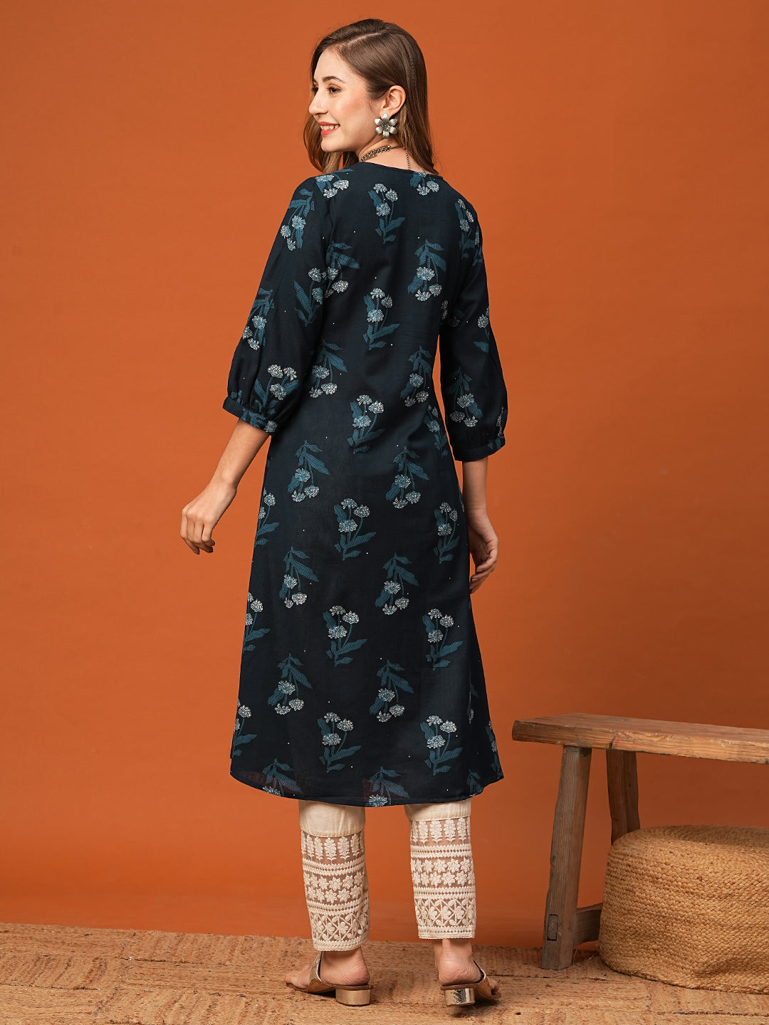 Fashor Floral Printed Wooden Buttoned Pleated Kurta - Blue - view 6
