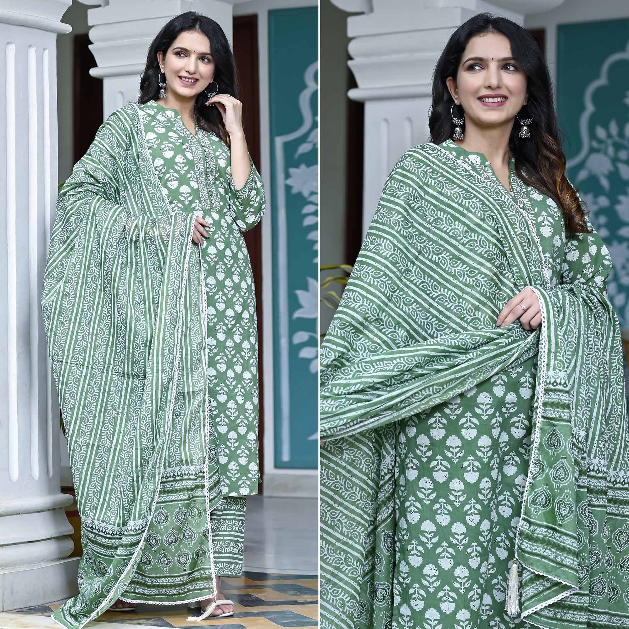 Green suits – BlackTree green-floral-printed-pure-cotton-suit-4