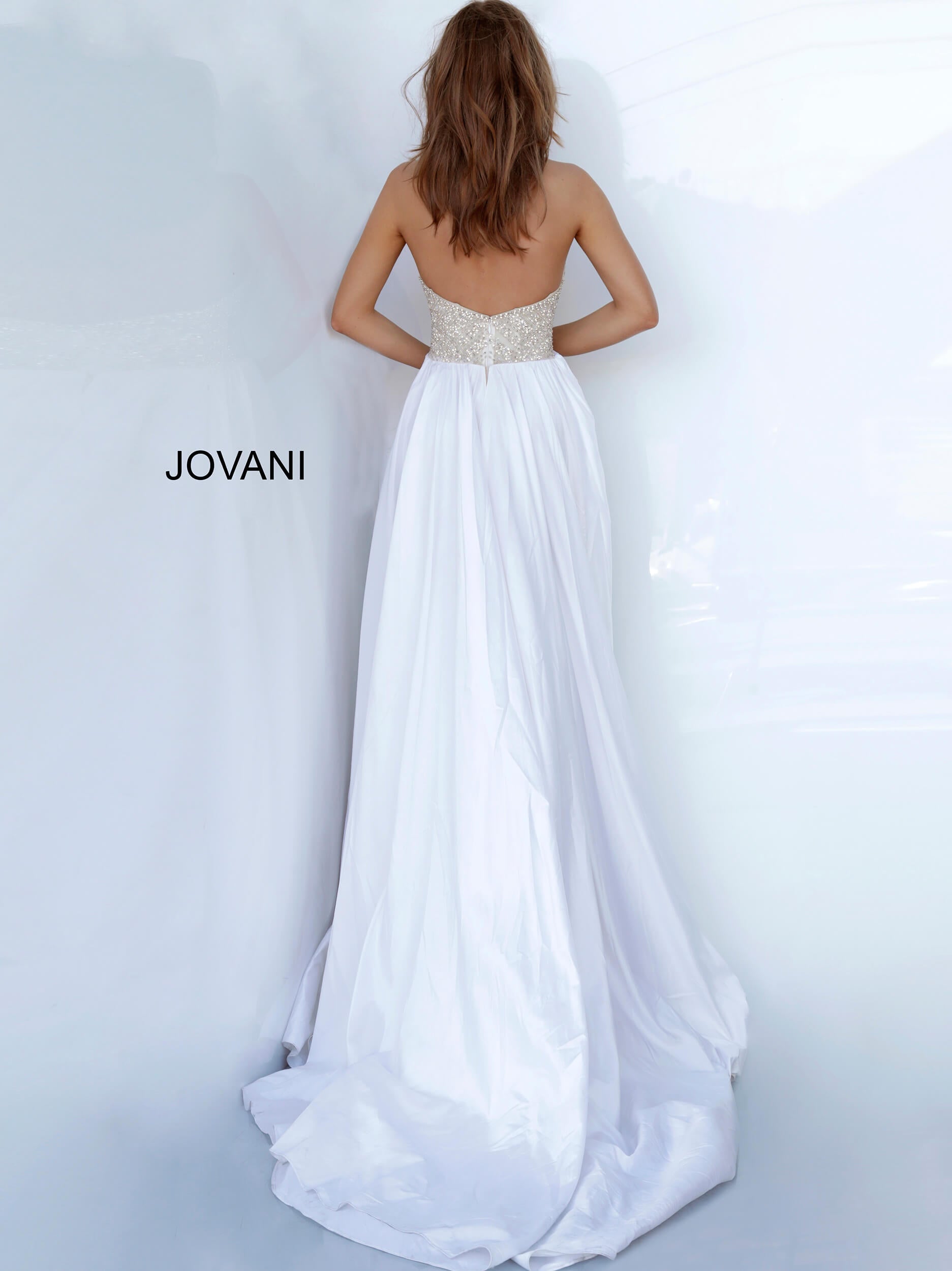 Beaded Halter Overskirt Gown by Jovani 3698 – Nude/Off White - view 2