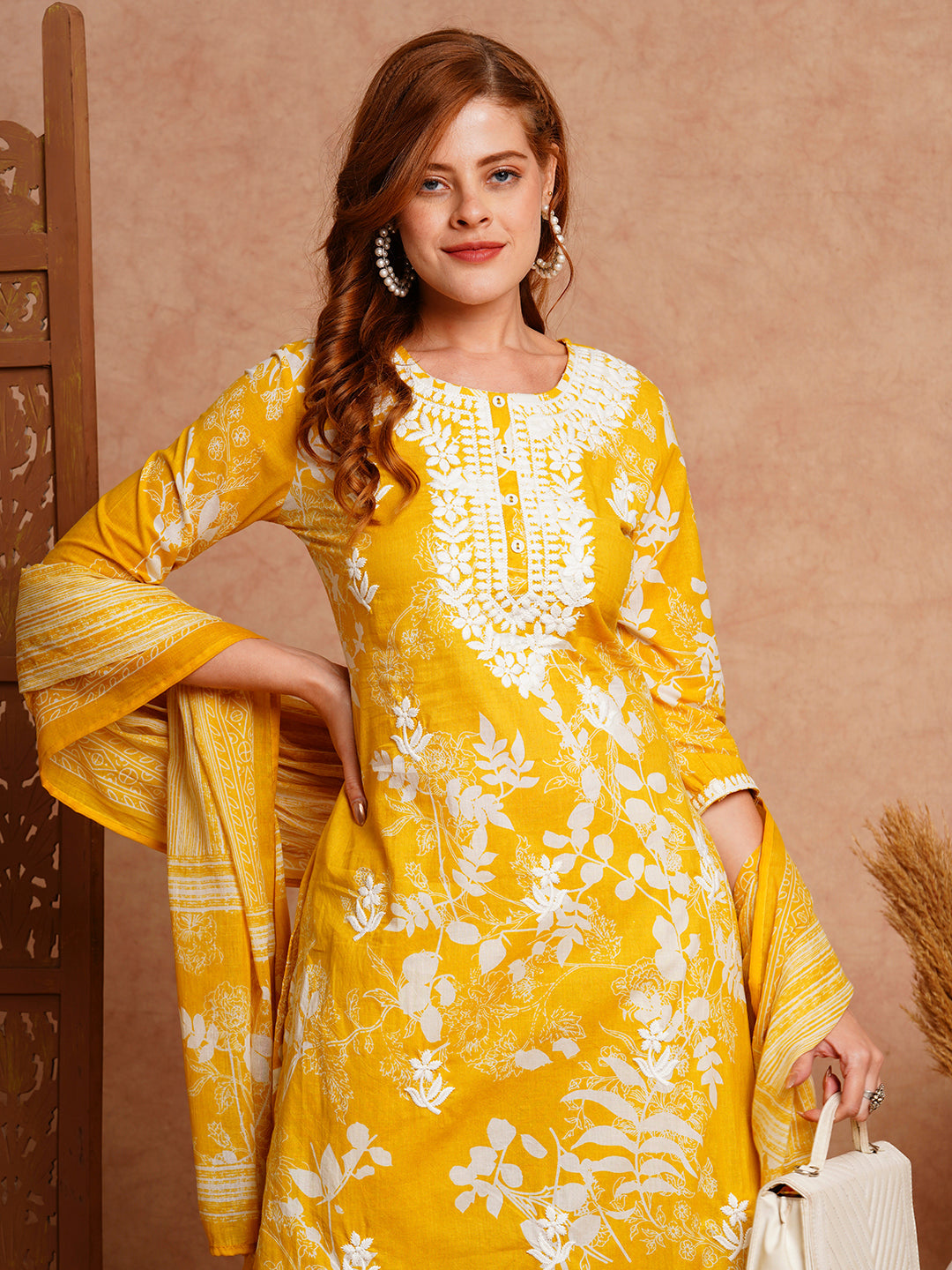 FASHOR Floral Printed & Chikankari Embroidered Straight Fit Kurta with Pant and Dupatta - Yellow