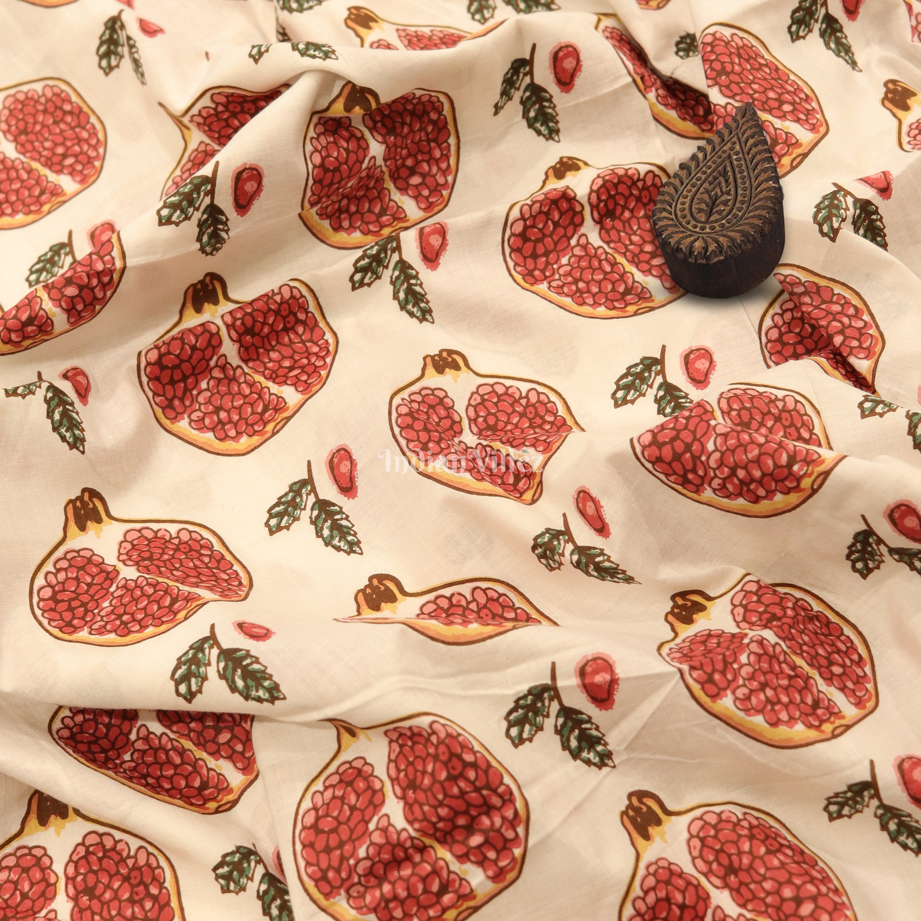 IndianVillèz White Red Pomegranate Theme Hand Block Printed Cotton Fabric