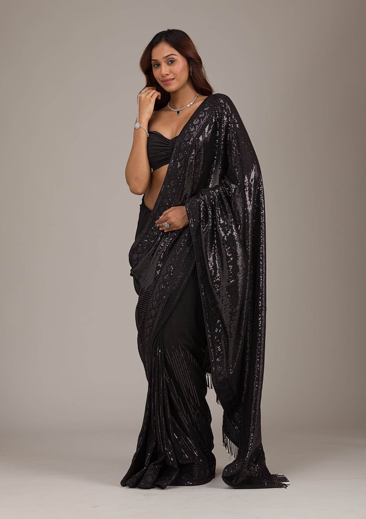 Koskii Black Sequins Georgette Saree – Women's