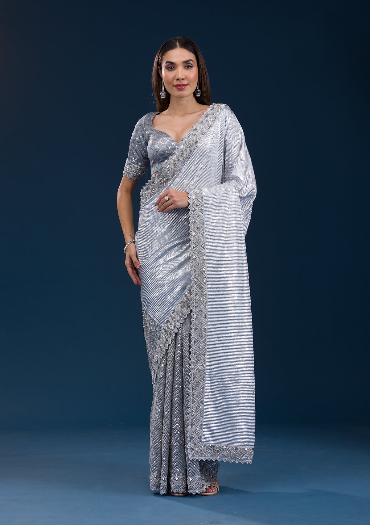 Koskii Grey Stonework Semi Crepe Saree – Women's