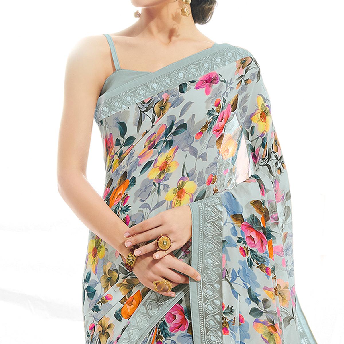 Peachmode Light Blue Floral Printed With Embroidered Border Georgette Saree - view 2