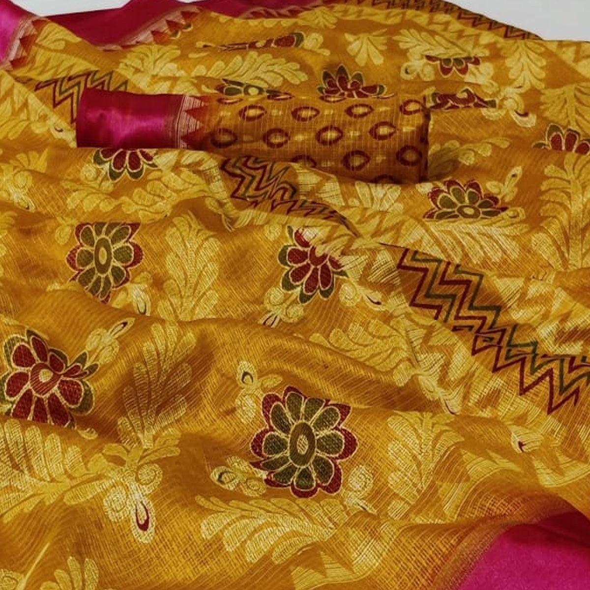 Peachmode Marvellous Mustard Yellow Colored Casual Wear Printed Heavy Cotton Saree - view 2
