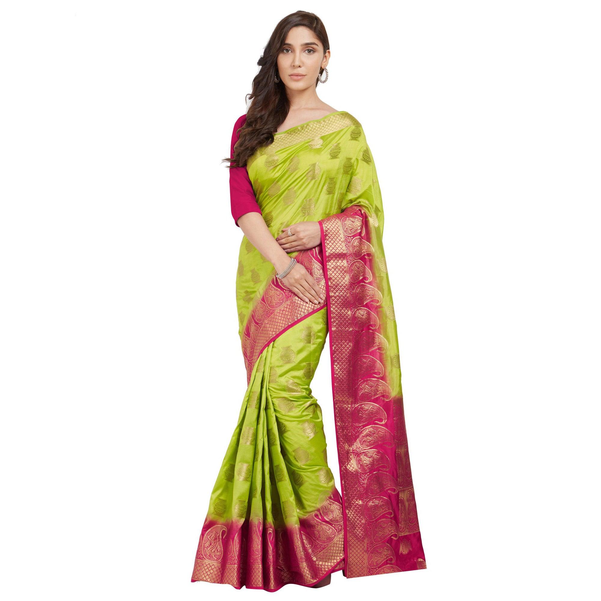 Peachmode Exceptional Green Colored Festive Wear Woven Cotton Silk Saree