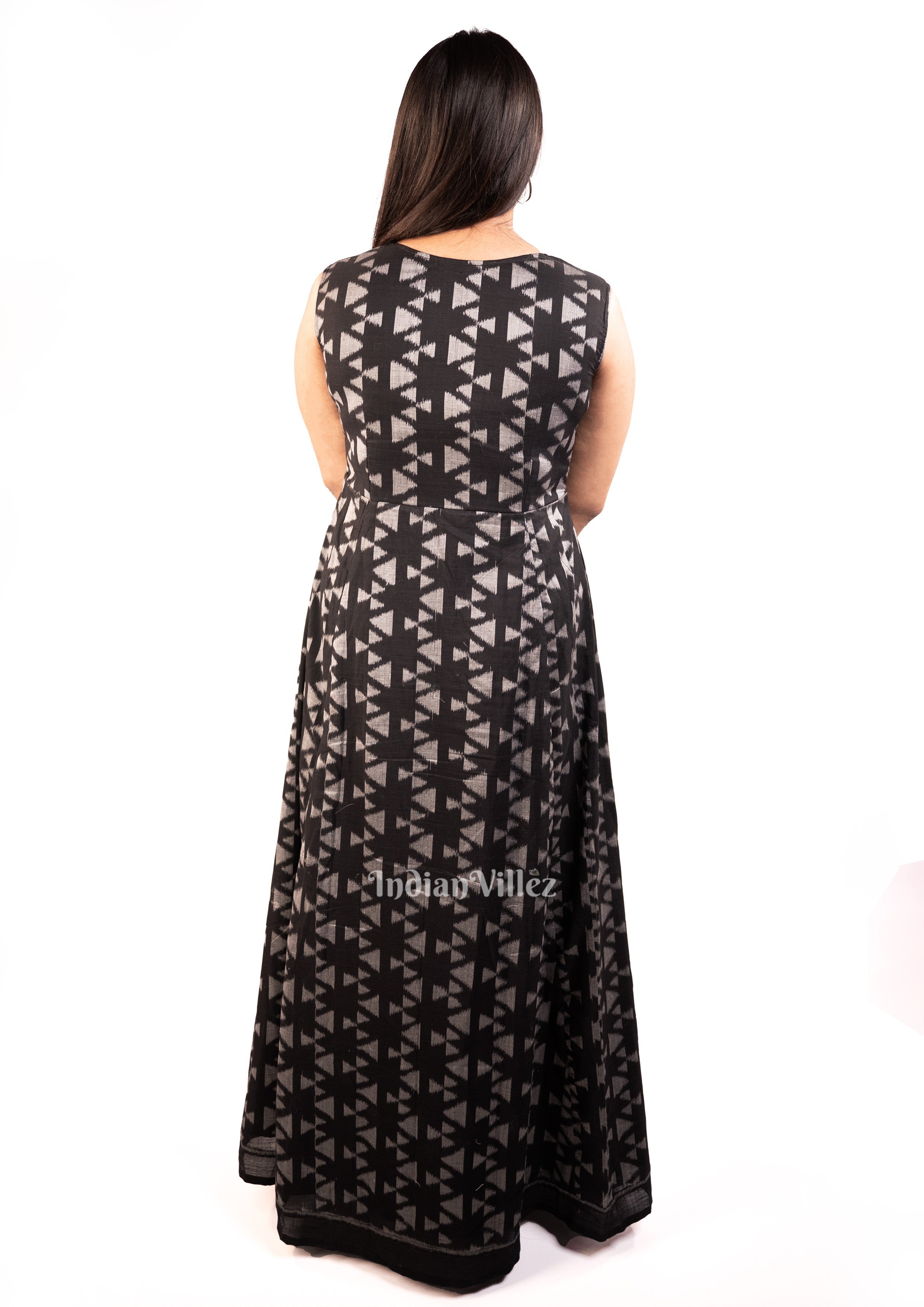 IndianVillèz Deep Black Sambalpuri Ikat Cotton Long Gown Kurti for Women - view 4