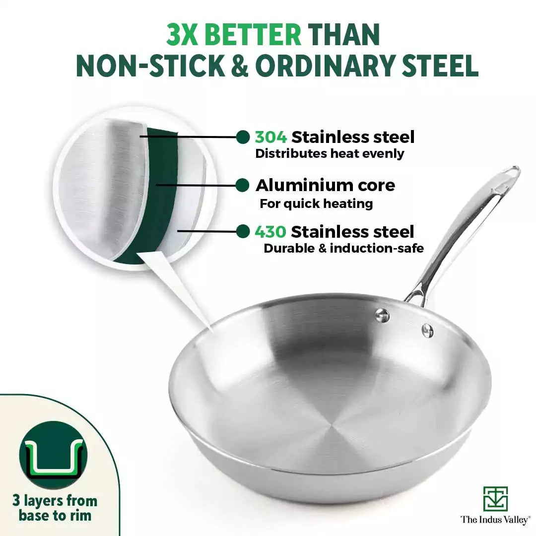 The Indus Valley TurboCuk Tri-ply Stainless Steel Cookware Set: Free ₹600 Wood Chopping Board+ Kadai+ Fry Pan, Premium Quality, 3 Layer Thick Body, 10 - view 5