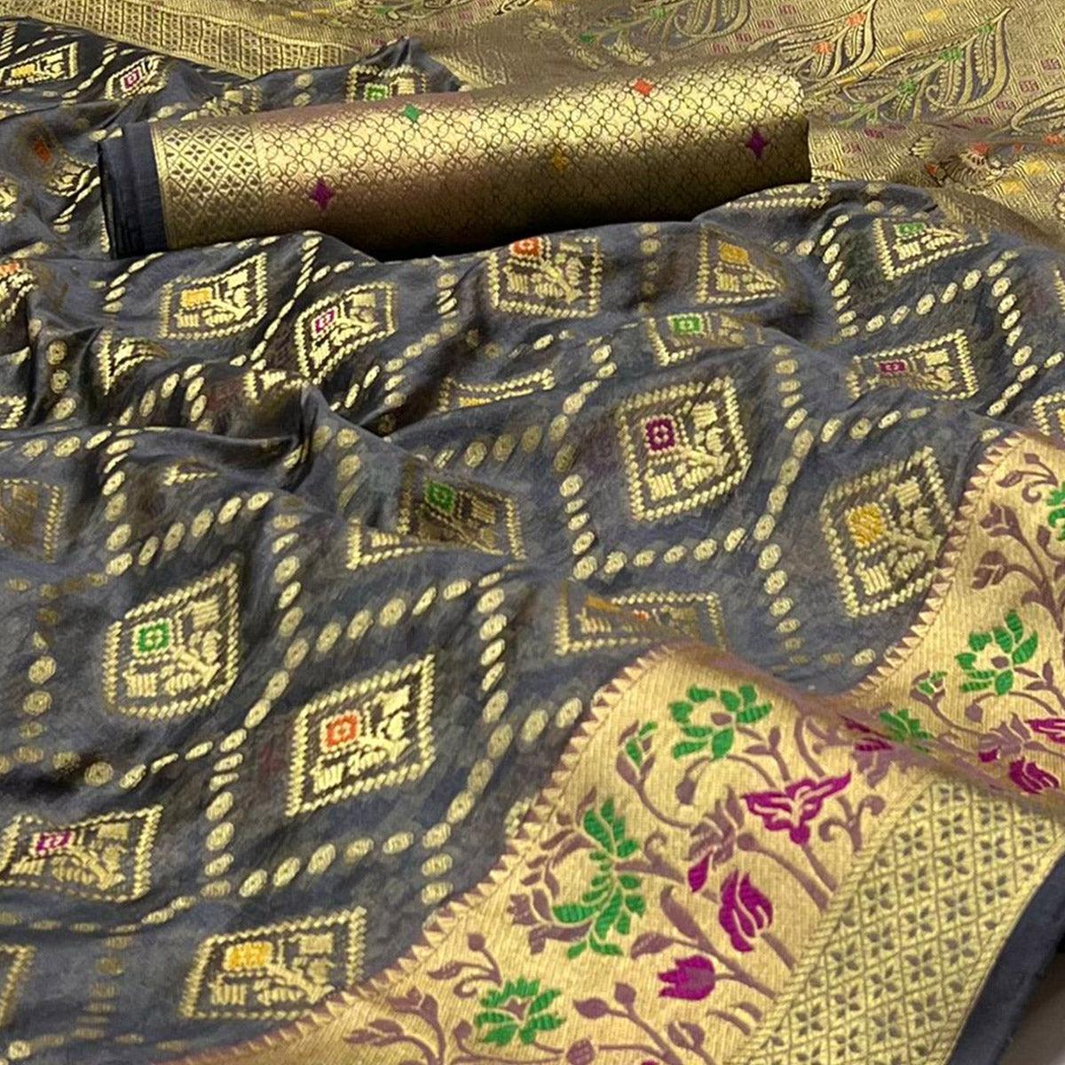 Peachmode Grey Woven Organza Saree – Women's - view 2
