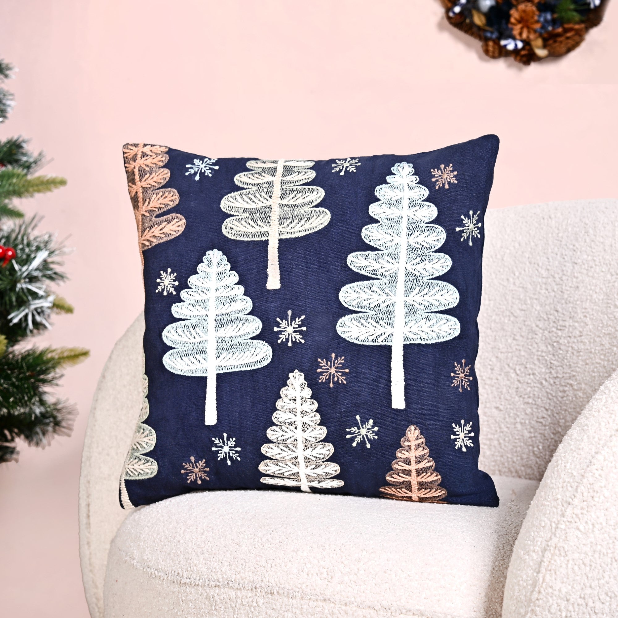 Nestasia Festive Forest Dark Blue Embroidered Cushion Cover 40x40cm