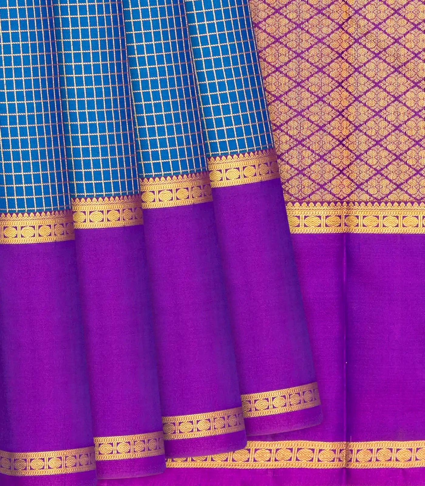 RmKV Blue Silk Saree With Zari Checks & Purple Border-Blue