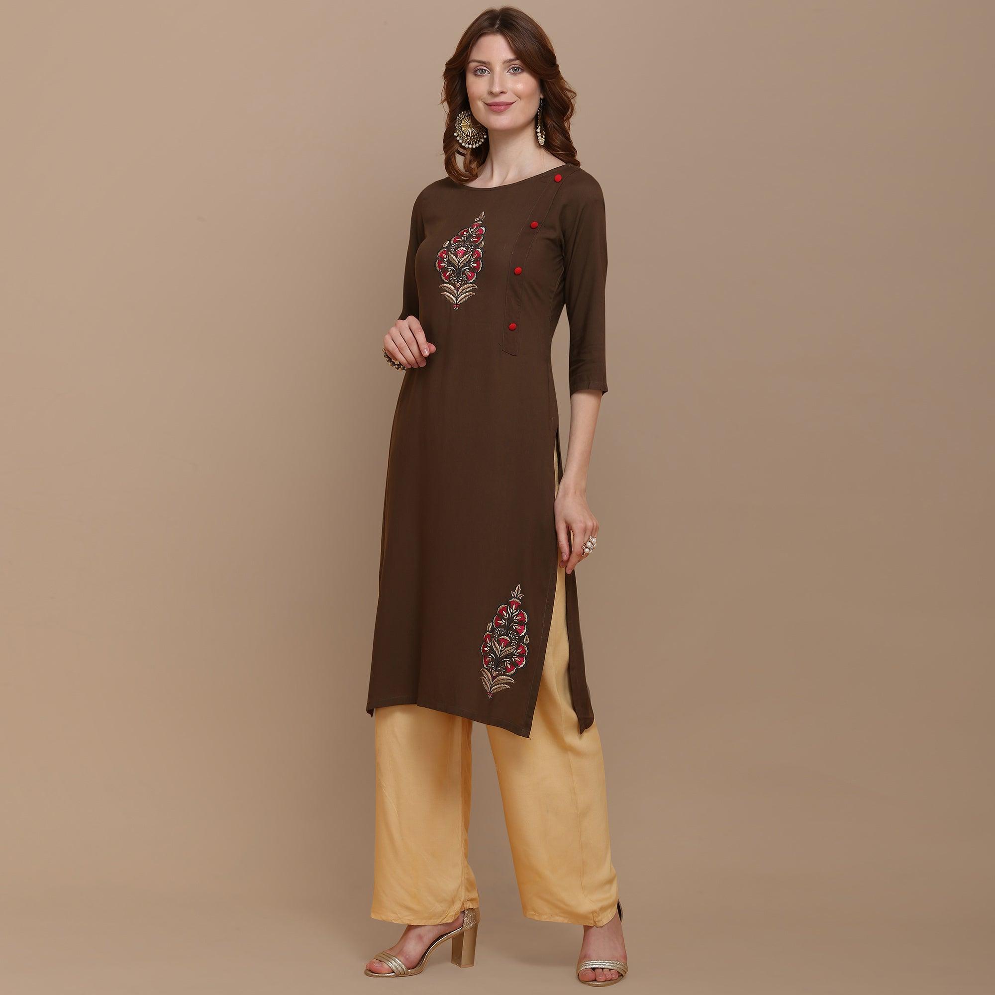 Peachmode Capricious Brown Colored Partywear Embroidered Rayon Kurti - view 2