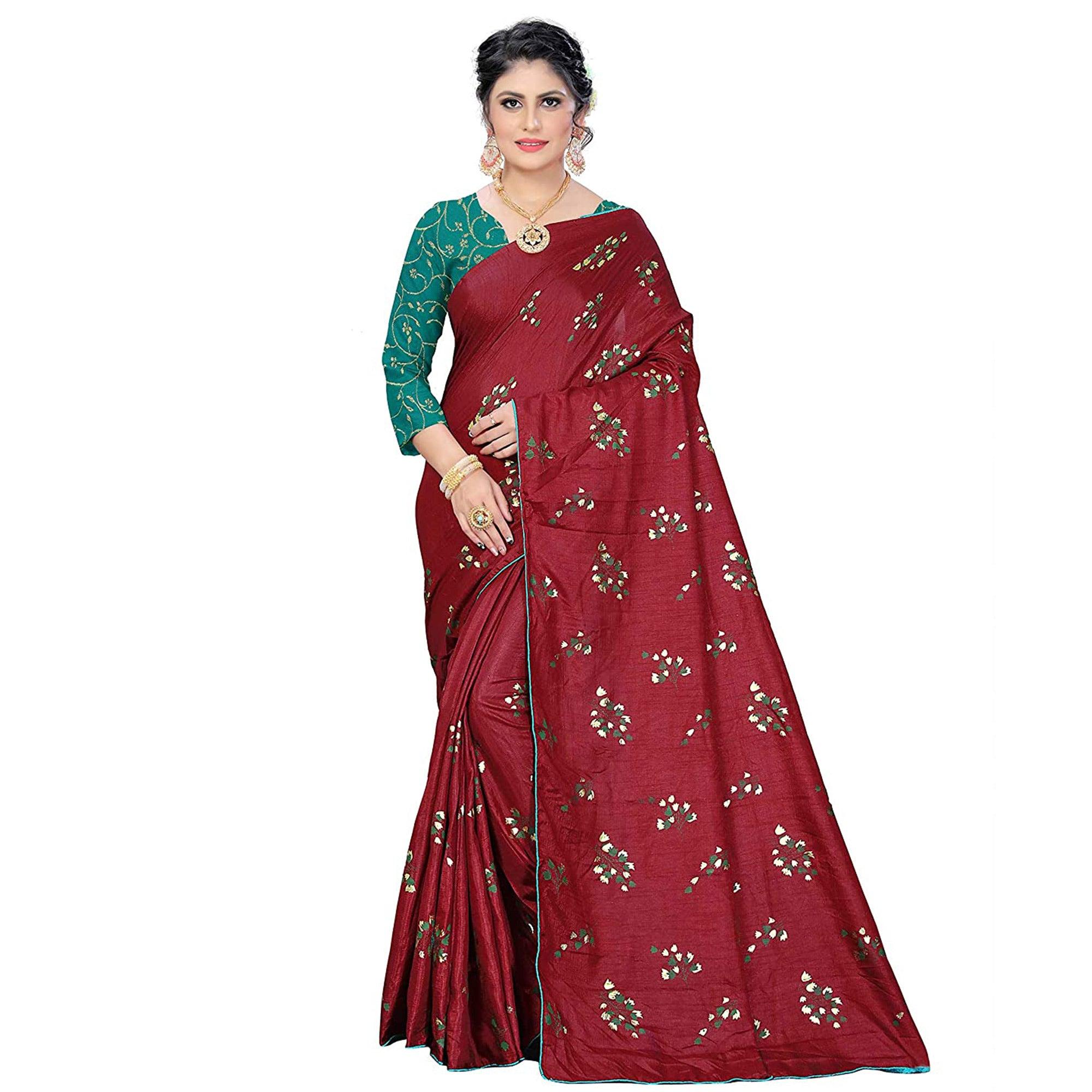 Peachmode Innovative Maroon Colored Partywear Foil Work Printed Art Silk Saree