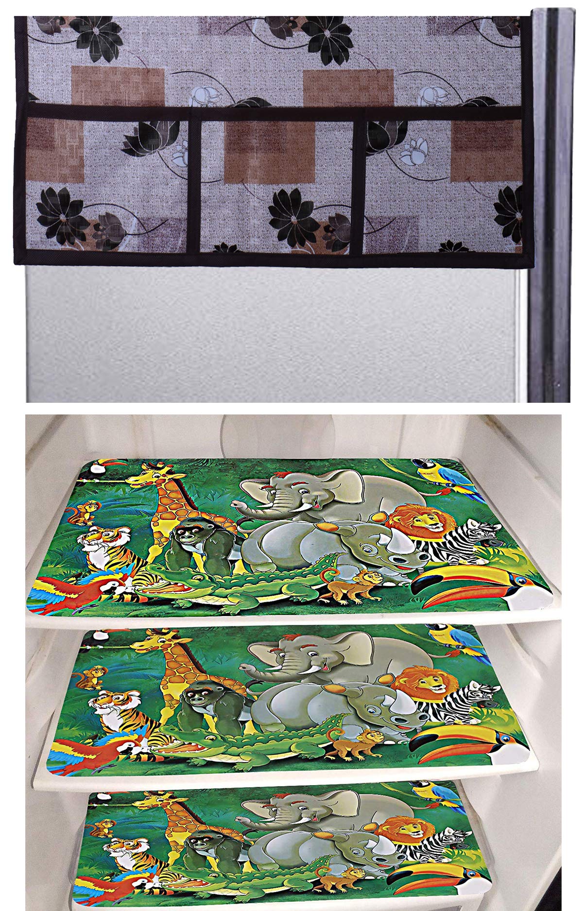 Kuber Industries Cartoon Design 3 Pieces PVC Fridge Mats and Flower Design 1 Piece Fridge Top Cover (Brown) - CTKTC039776